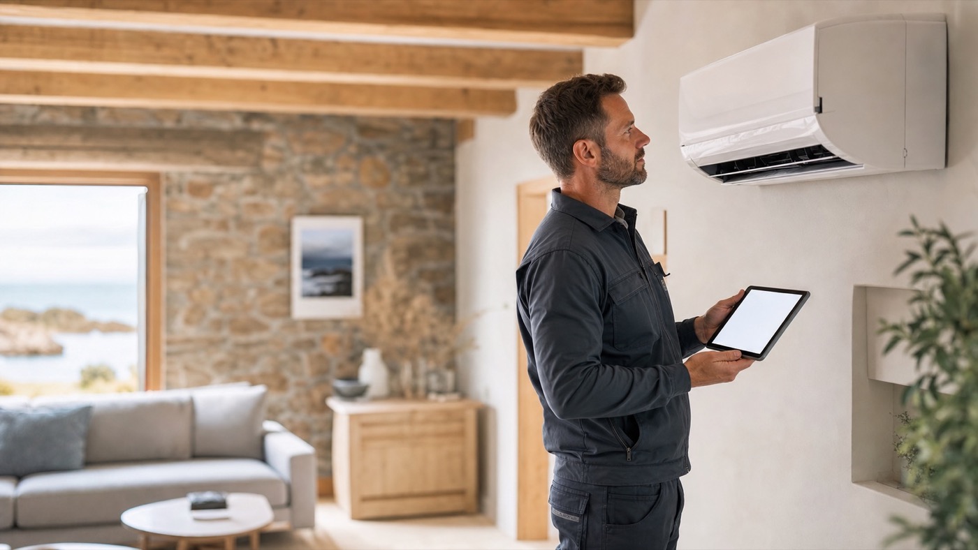 Technicien intervenant sur une unité de climatisation devant une maison de la région Bretagne